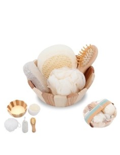 Set Bano En Canasto Madera C/esponjas Exfoliantes+ Rodillo + Cepillo Eco Trendy 14635 14640 15376 15377 Tar02