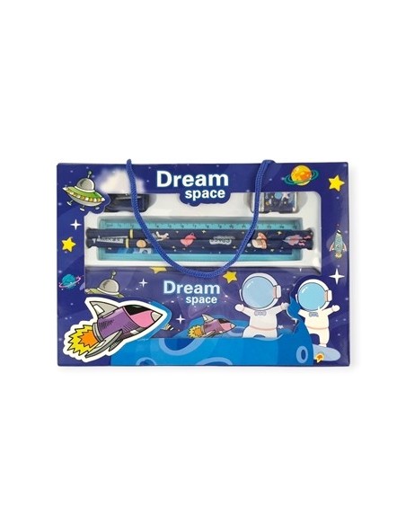 Set Escolar X2 Lapices + Goma + Sacapuntas + Canopla Metal Unicornio/astronauta En Caja 26885/26886 Col01