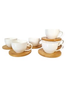 Taza Cafe X 6 C-plato Madera Ceramica Blanca Caja 101586-101585 Dsa01