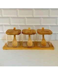 Frasco Vidrio X 3 C-cuchara Tapa Y Bandeja Bambo 301328 Pcu01