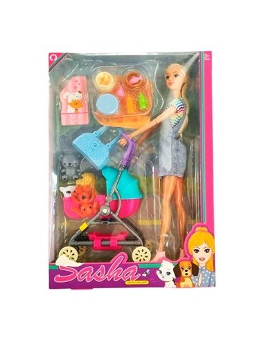 Muneca 30cm Sasha C/mascotas Coche Y Accesorios Sd24254 Pk01