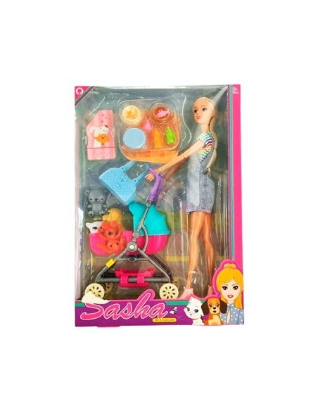 Muneca 30cm Sasha C/mascotas Coche Y Accesorios Sd24254 Pk01