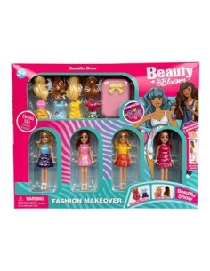 Munecas X4 Mini C/vestidos Y Pelo Para Cambiar +sorpresas En Caja  26x21cm Beauty Bloom Ju0158 Pri02