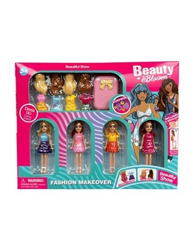 Munecas X4 Mini C/vestidos Y Pelo Para Cambiar +sorpresas En Caja  26x21cm Beauty Bloom Ju0158 Pri02