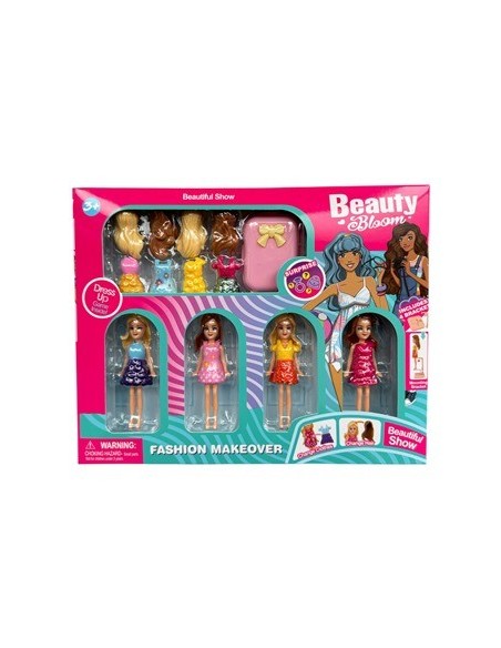 Munecas X4 Mini C/vestidos Y Pelo Para Cambiar +sorpresas En Caja  26x21cm Beauty Bloom Ju0158 Pri02