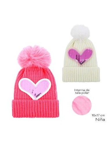 Gorro Nina Tejido Corazon Lentejuelas C-interior Peludo Y Pompon 13828 Tar02