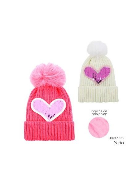 Gorro Nina Tejido Corazon Lentejuelas C-interior Peludo Y Pompon 13828 Tar02