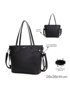 Cartera 28x38x14cm Pu Graneado Negro Tiras Regulables Y Desmontables  Org Interno Trendy 22708 Tar02