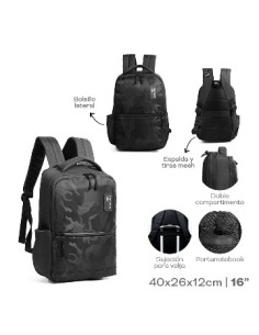Mochila 40x26x12cm Nylon Camuflada Doble Compartimento  Bolsillo Lateral  Espalda Y Tiras Mesh  Sujecion Para Valija  Portano