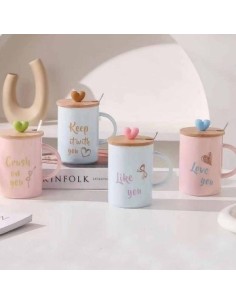 Jarro Mug 400ml Ceramica Love You C/ Cuchara Y Tapa Madera F168 Hom01