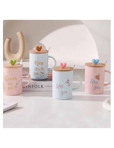 Jarro Mug 400ml Ceramica Love You C/ Cuchara Y Tapa Madera F168 Hom01