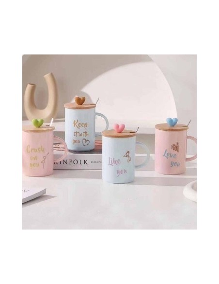 Jarro Mug 400ml Ceramica Love You C/ Cuchara Y Tapa Madera F168 Hom01