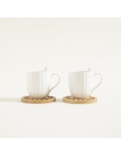 Set X2 Tazas 300ml Porcelana Blanca C/ Plato De Bamboo Y Cuchara 510157 Mish02