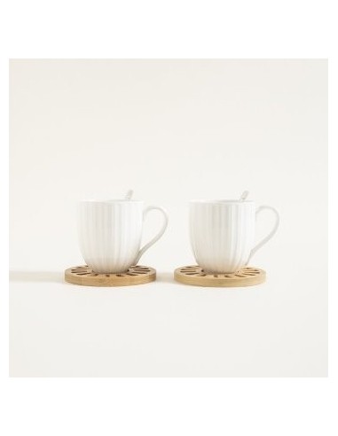 Set X2 Tazas 300ml Porcelana Blanca C/ Plato De Bamboo Y Cuchara 510157 Mish02