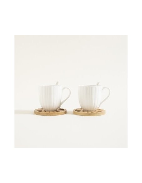 Set X2 Tazas 300ml Porcelana Blanca C/ Plato De Bamboo Y Cuchara 510157 Mish02