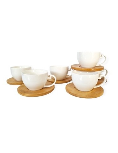 Taza Cafe X 6 C/plato Madera Ceramica Blanca Caja 101586-101585 Dsa01