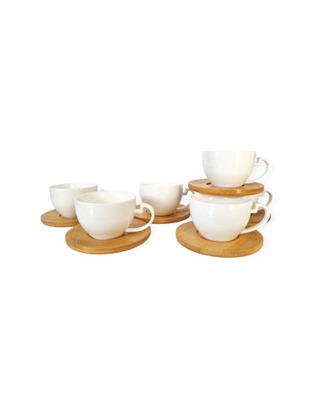 Taza Cafe X 6 C/plato Madera Ceramica Blanca Caja 101586-101585 Dsa01