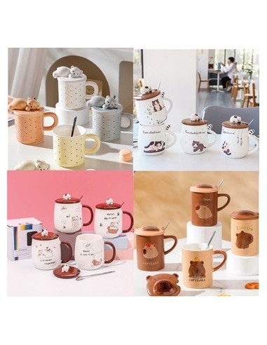 Jarro Mug 400ml Ceramica Gatos/capybara/puntos 9675-1060-1031-538- C/cuchara Y Tapa Ceramica  Hom01