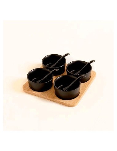Copetinero X4 Ceramica Negra C/base Madera Y Cucharitas 0519011 0519008 Mish02